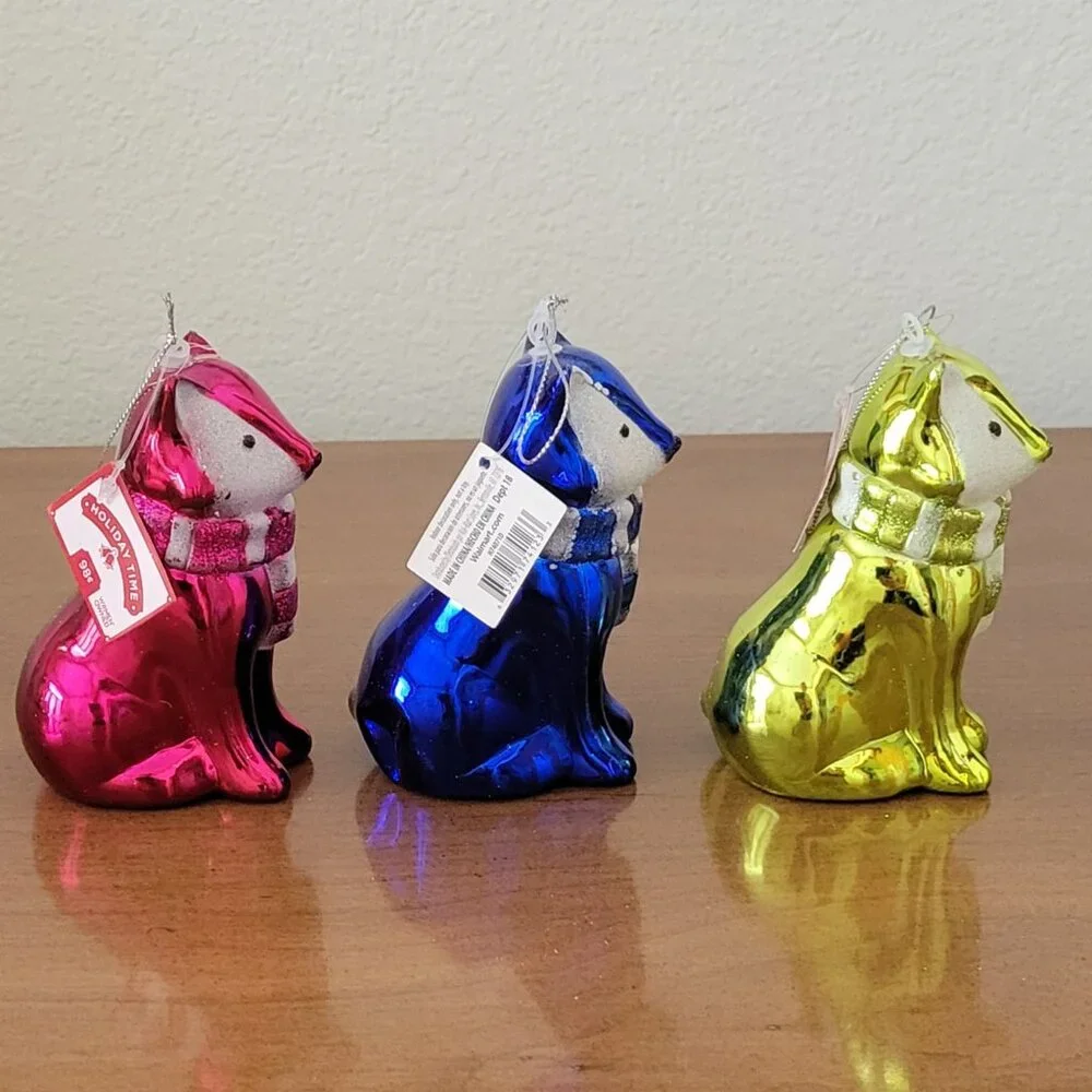 Holiday Time Set of 3 Fox with Glitter Scarf Shiny Christmas Ornaments NEW